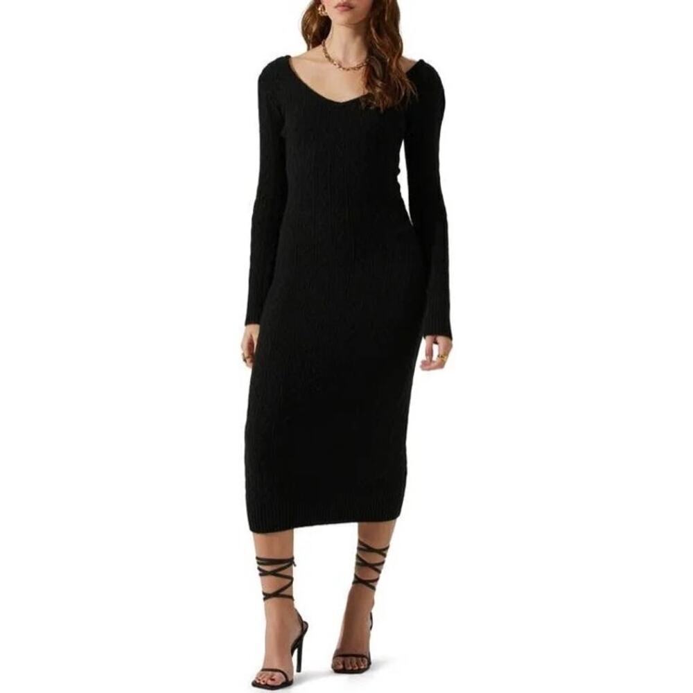 ASTR The Label Black Ribbed Scoop Neck Long Sleeve Midi Dress size MEDIUM